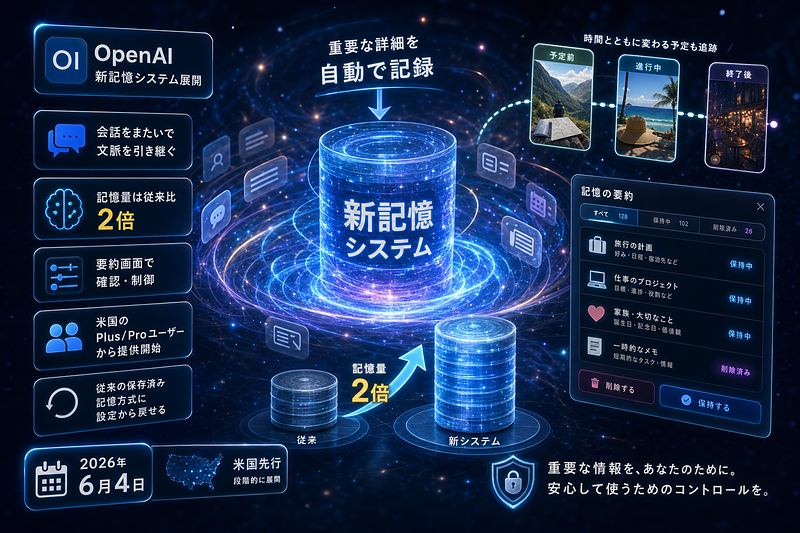 ChatGPTは記憶を2倍に、無料層も視野