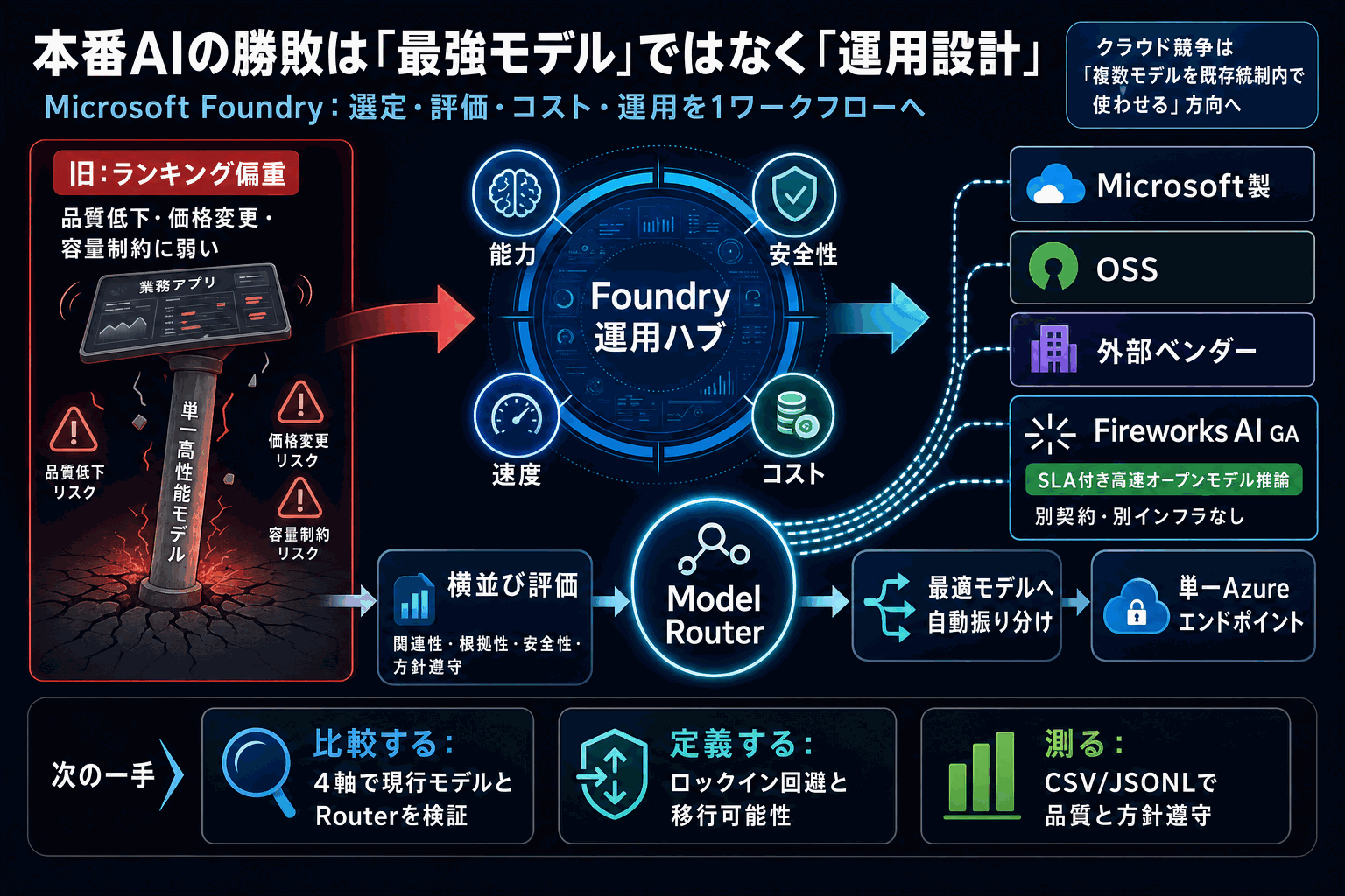 本番AIの勝敗はモデル選びでなく運用設計｜Foundry指針の本文内説明図