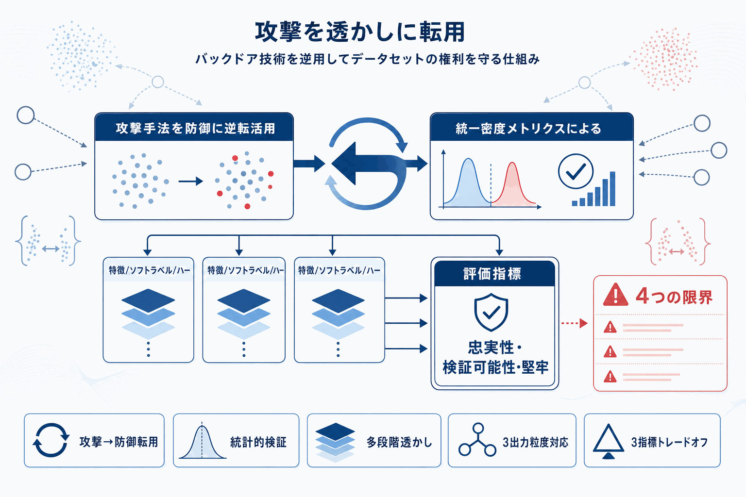 学習データ保護へ｜攻撃技術を透かしに転用する対照学習研究の本文内説明図