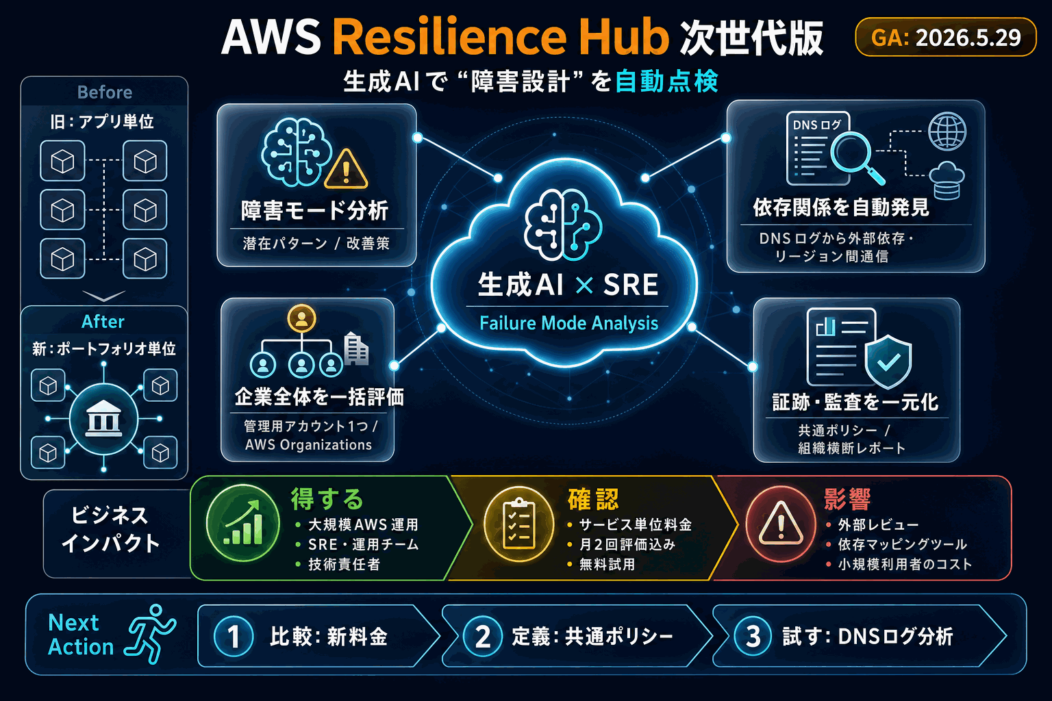 代表アカウント1つで全社の障害耐性を評価｜AWS新Hubの本文内説明図