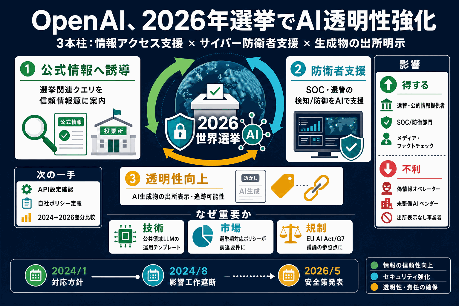 OpenAI、2026年選挙でAI透明性強化｜防衛者支援もの本文内説明図