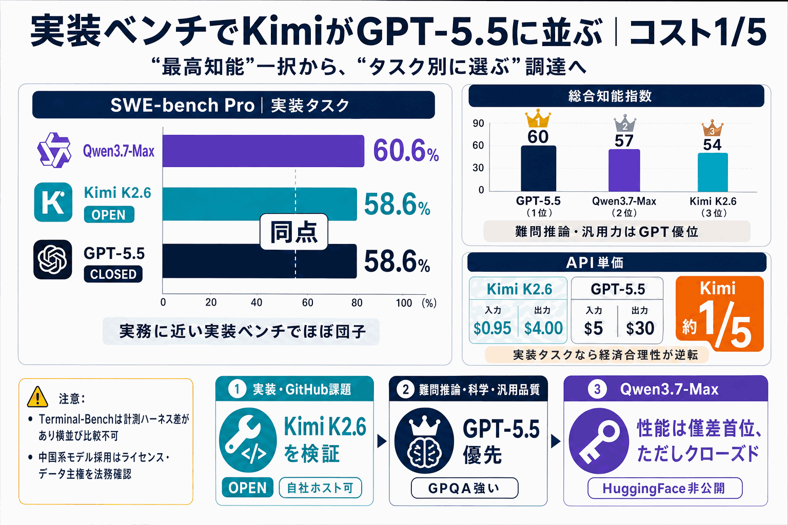 実装ベンチでKimiがGPT-5.5に並んだ｜コスト1/5の本文内説明図