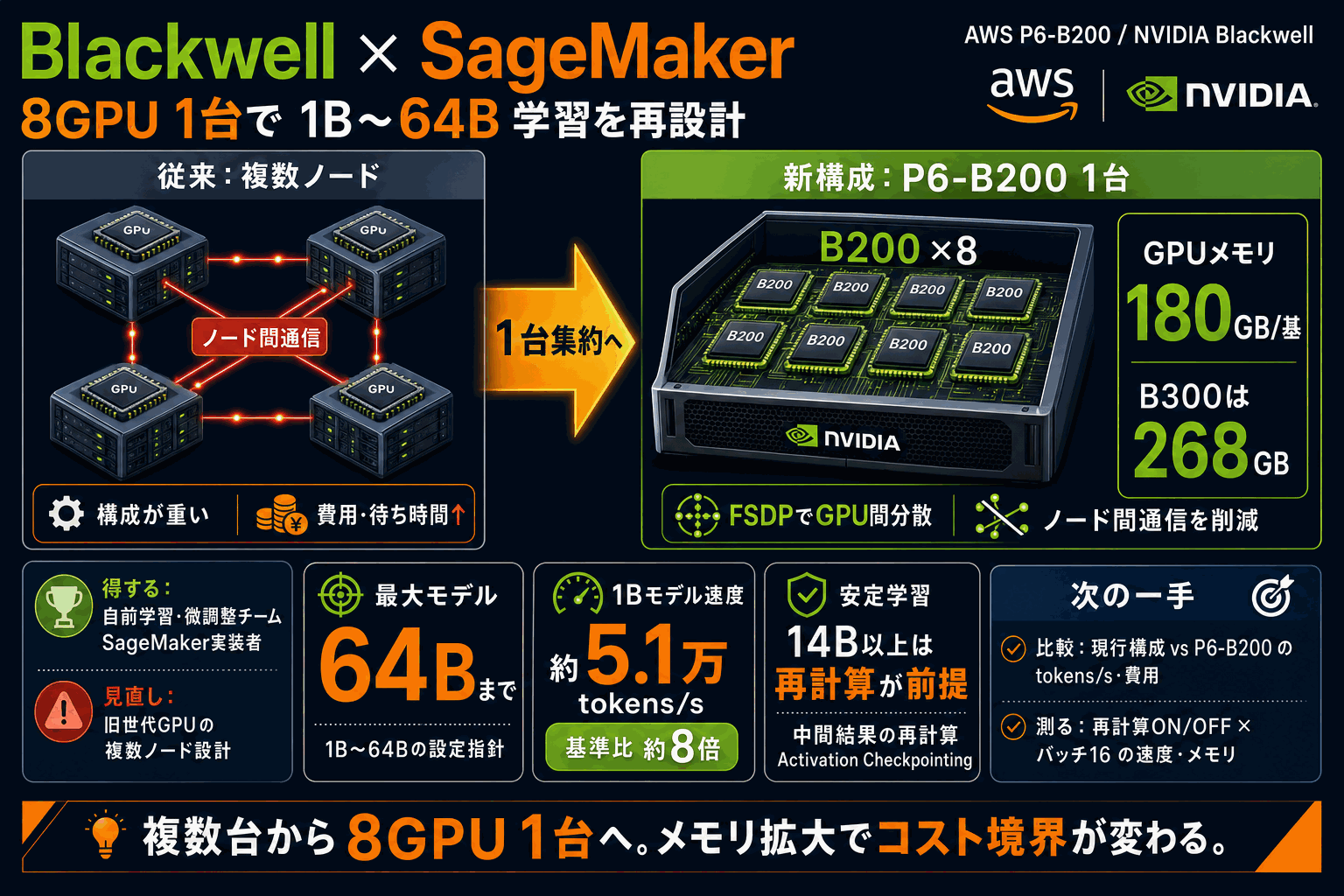 8GPU1台で64Bまで学習｜SageMakerのBlackwell設定の本文内説明図