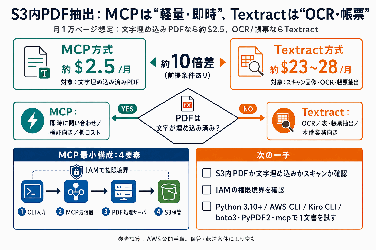 S3内PDFを月2.5ドルで抽出｜MCPとTextractの使い分けの本文内説明図