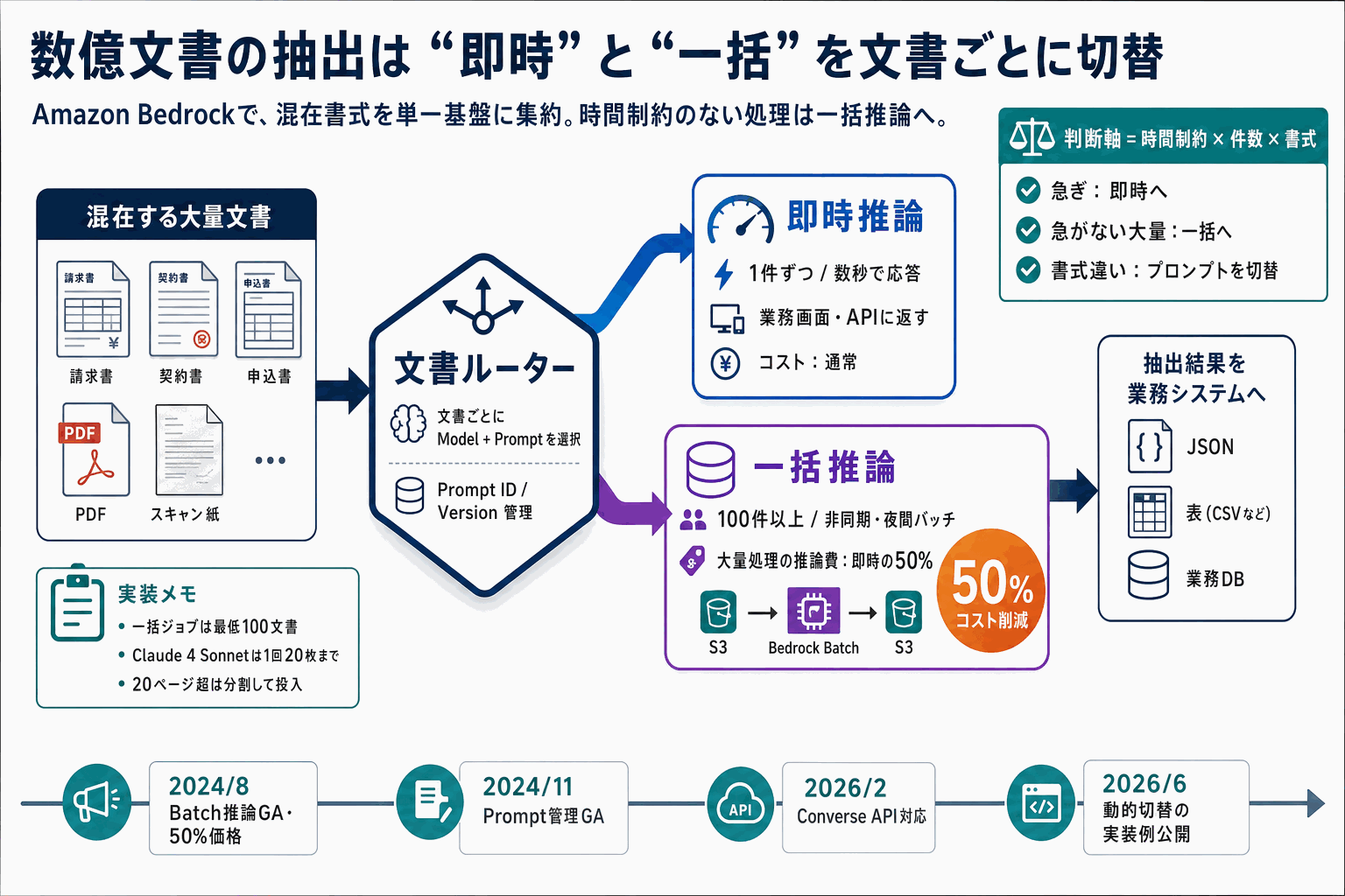 数億文書の抽出を即時と一括で使い分け｜AWS実装例の本文内説明図