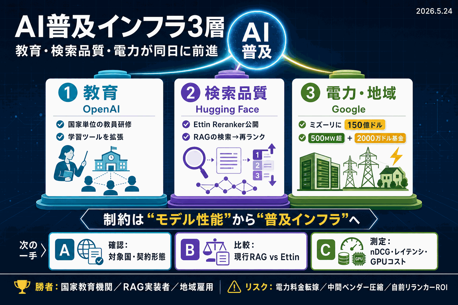 AI普及インフラ3層｜教育・検索・電力の同時着手の本文内説明図