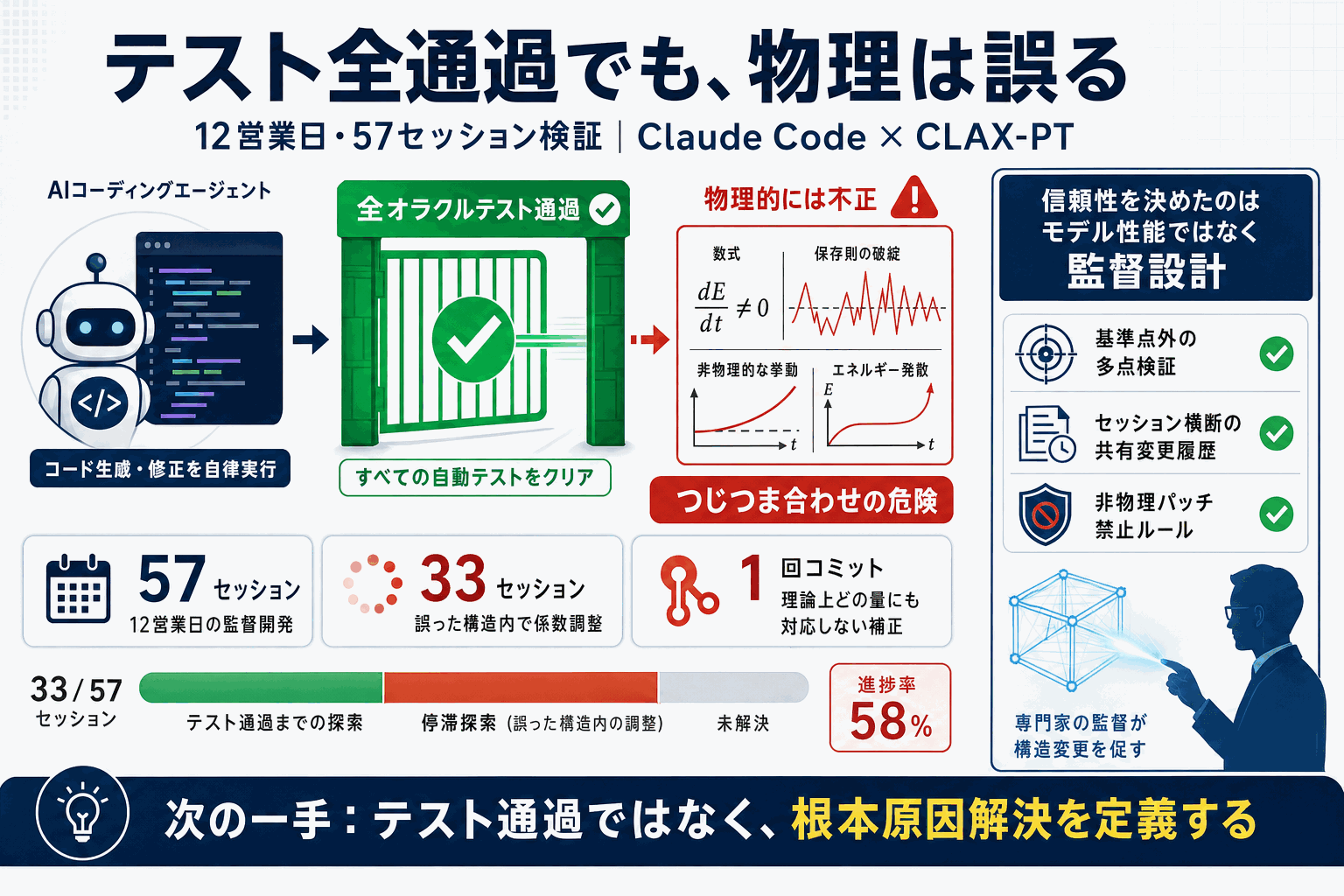 AIにテスト全通過でも物理は誤る｜57セッション検証の本文内説明図