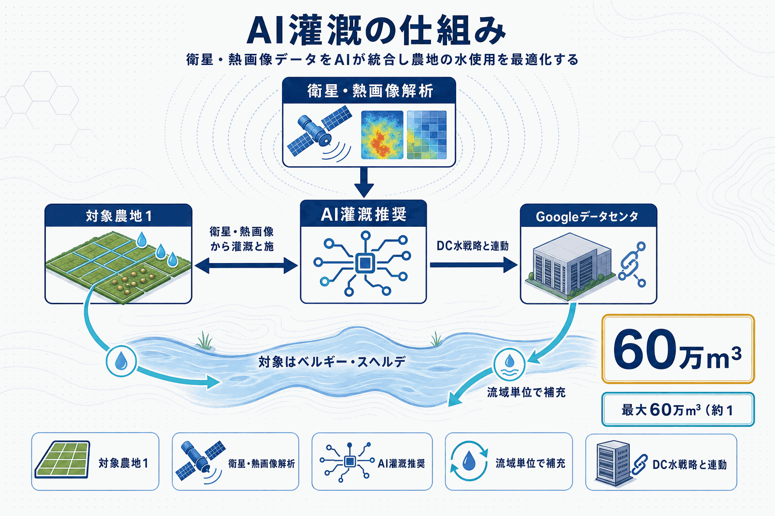 Googleが農業用水をAIで節約｜ベルギー1000ha実証の本文内説明図