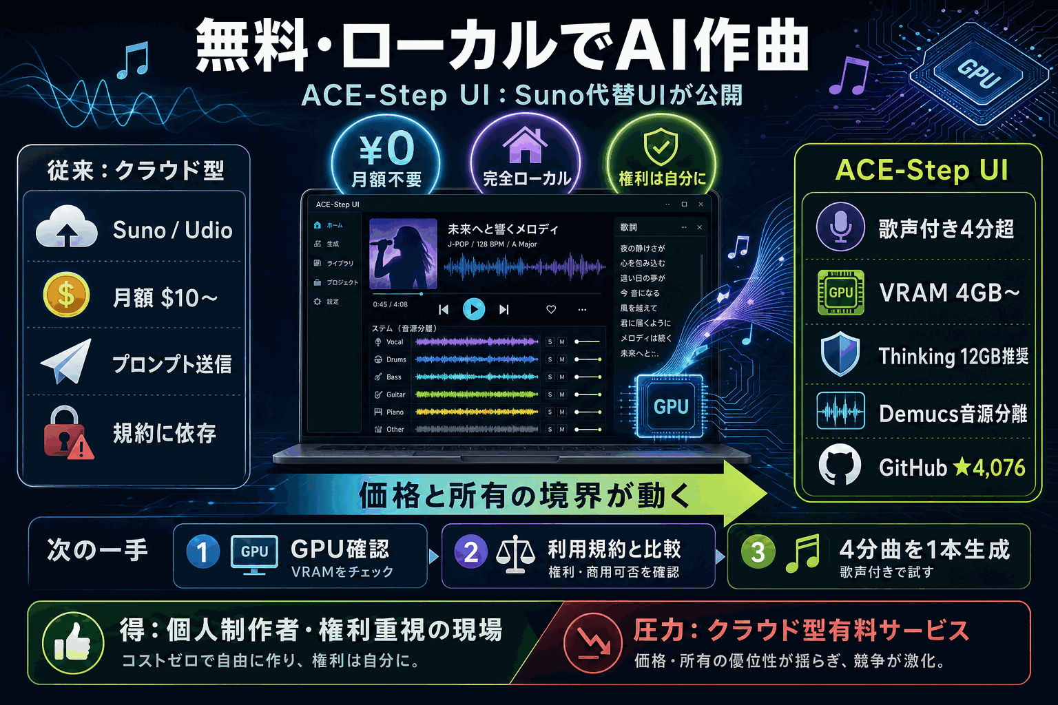 無料・ローカルでAI作曲。Suno代替UIが公開の本文内説明図